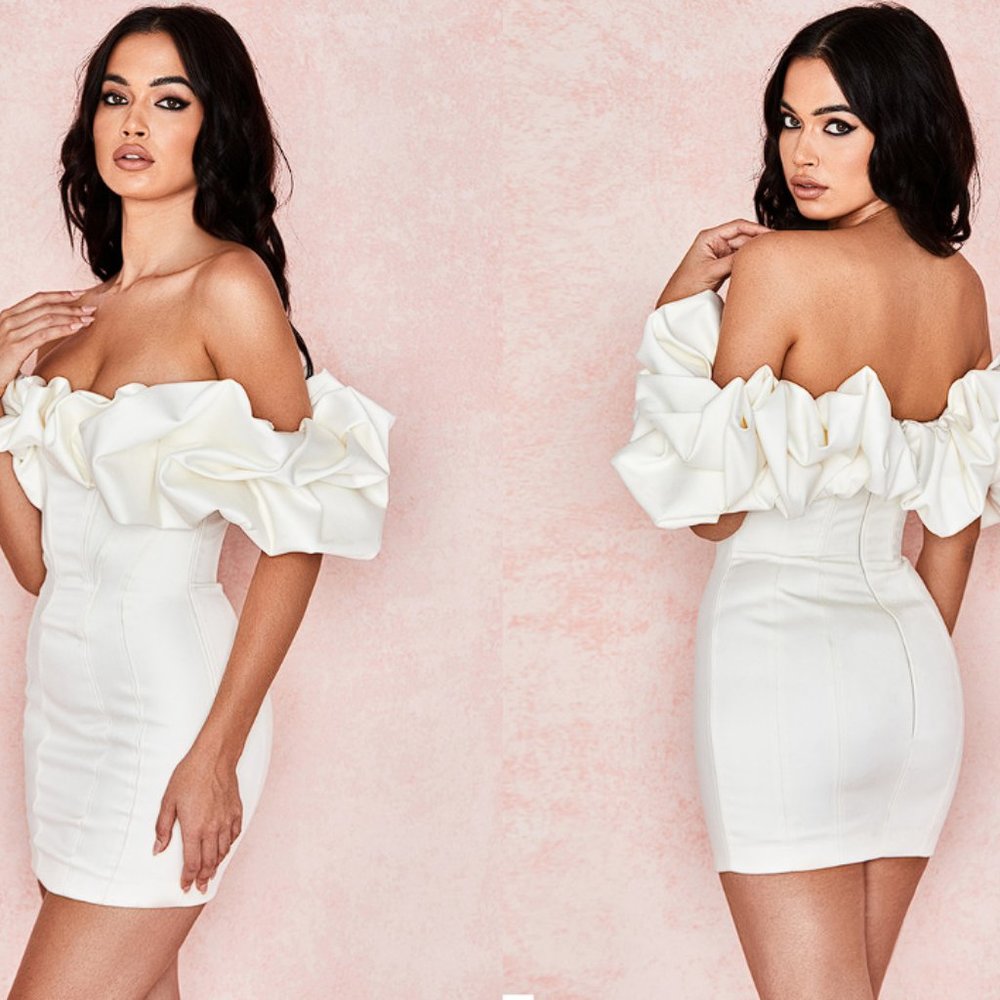 House of CB ‘Selena’ Ivory Satin Ruffle Strapless Mini Dress NWT - Picture 4 of 12